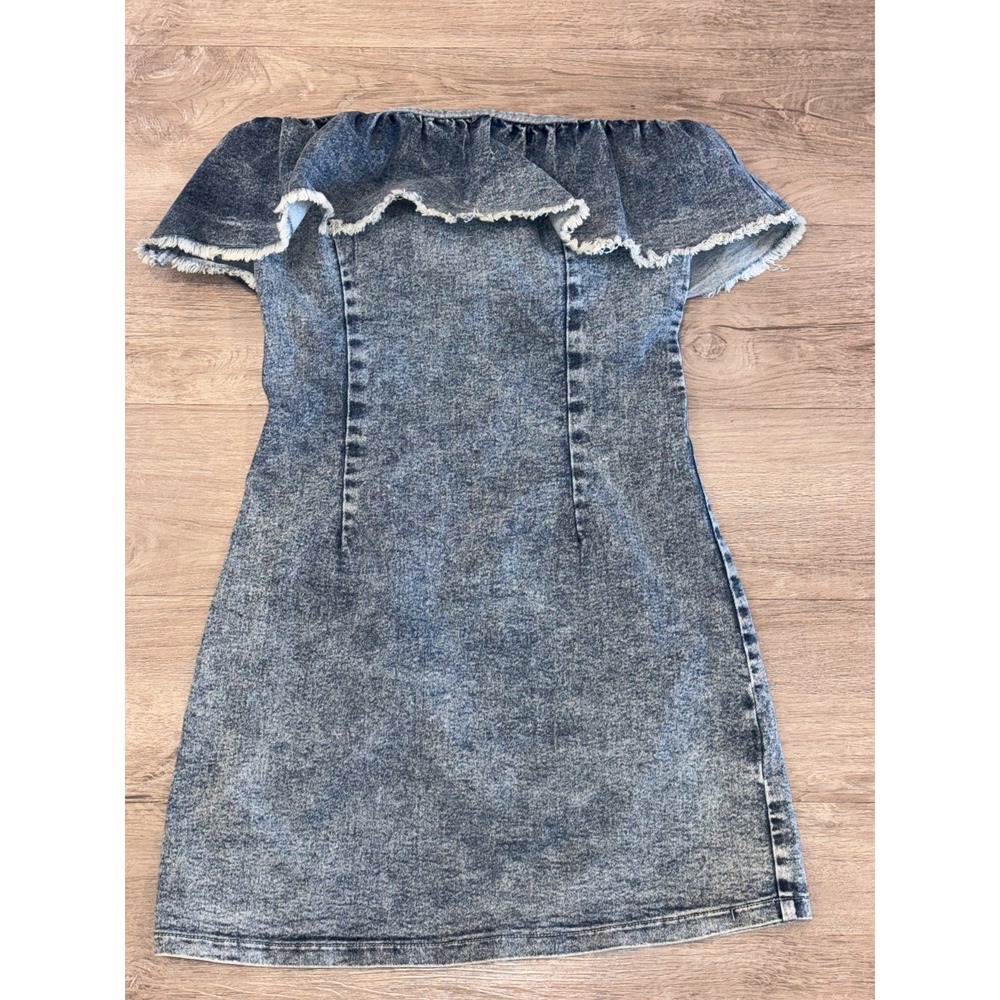 Shein Mini Dress Women 6 Blue Denim Ruffle Frayed Trim Off The Shoulder Back Zip
